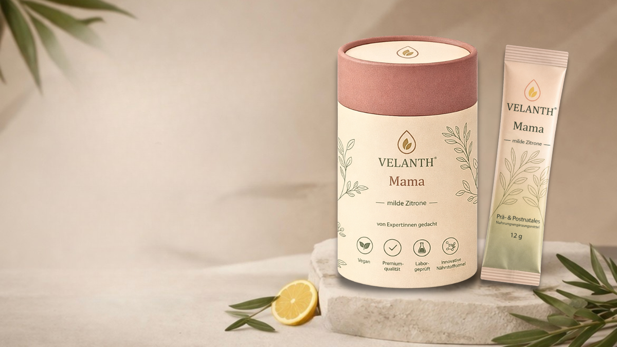 VELANTH Mama Dose und Sachet mit milder Zitrone auf hellem Stein